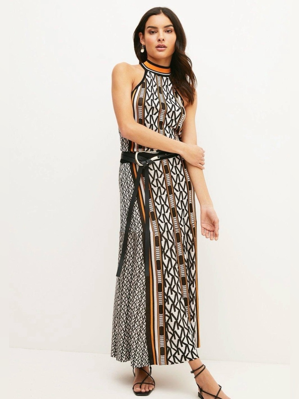 Karen Millen KM Logo Stripe Halter Knit Dress Size Large Orange Black (No Belt)